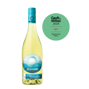 Een fles Bickensohler Müller-Thurgau, lekkere alcoholvrije witte wijn van Amavine met medaille van Gault & Millau