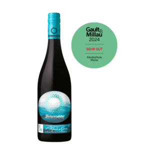 Een fles Bickensohler Spätburgunder lekkere alcoholvrije rode wijn van Amavine met medaille van Gault Millau